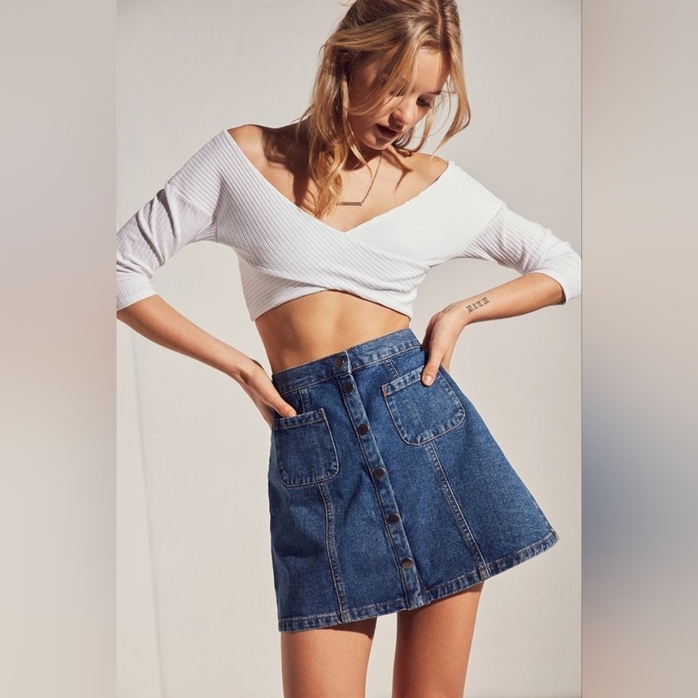 BDG Denim Buttons Front Vintage-Inspired High Waisted Mini Skirt
